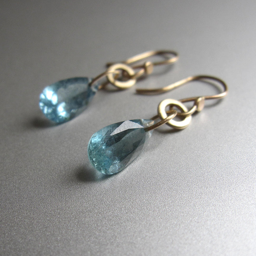 aquamarine drops on hammered gold loops solid 14k gold earrings