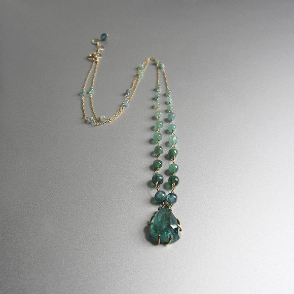 Tourmaline Indicolite Necklace with Prong Set Rose Cut Pendant Solid 14k Gold Necklace