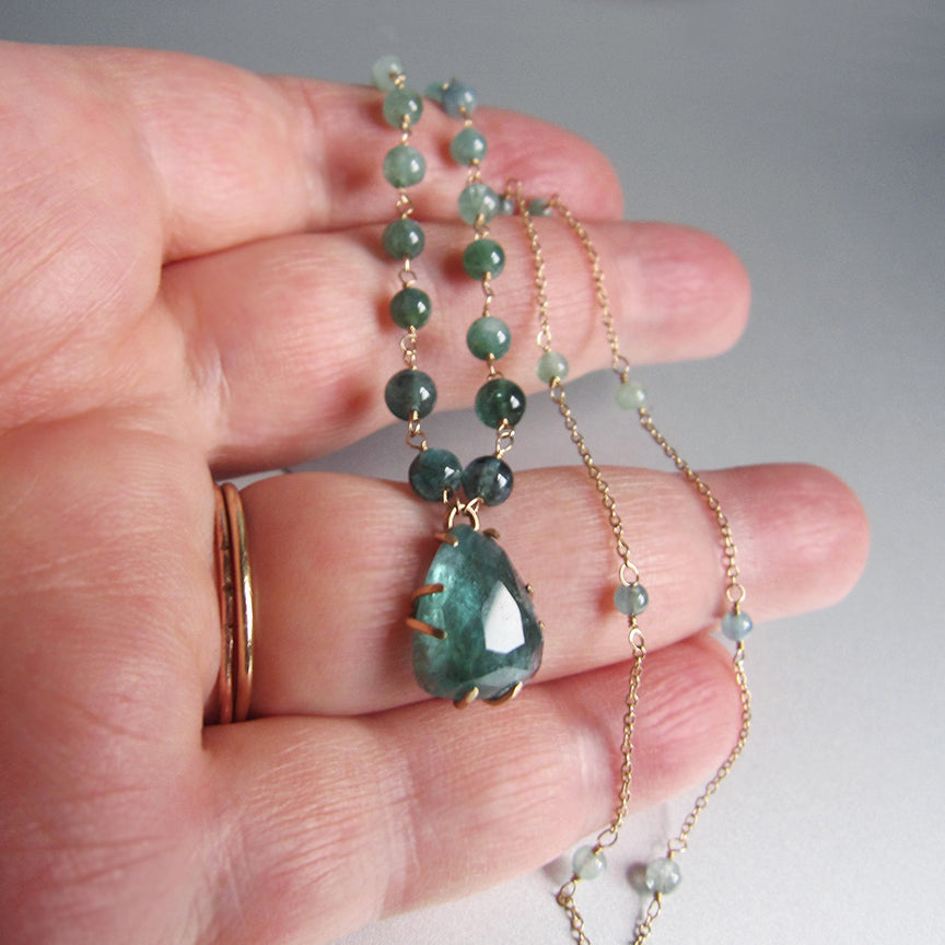 Tourmaline Indicolite Necklace with Prong Set Rose Cut Pendant Solid 14k Gold Necklace