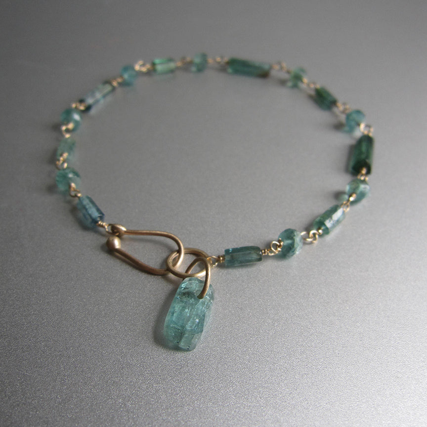 indicolite blue green tourmaline tube bead solid 14k gold bracelet