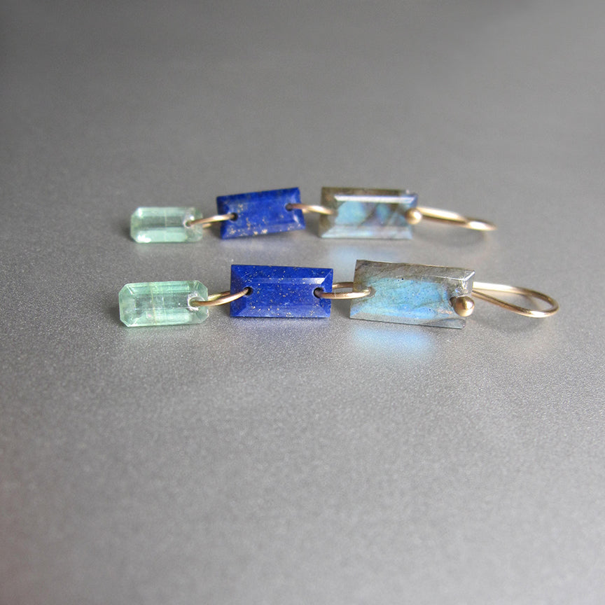Labradorite, Lapis Lazuli, and Kyanite Baguettes, Triple Drops, Solid 14k Gold Drop Earrings