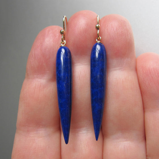 long pointed lapis lazuli drop solid 14k gold earrings