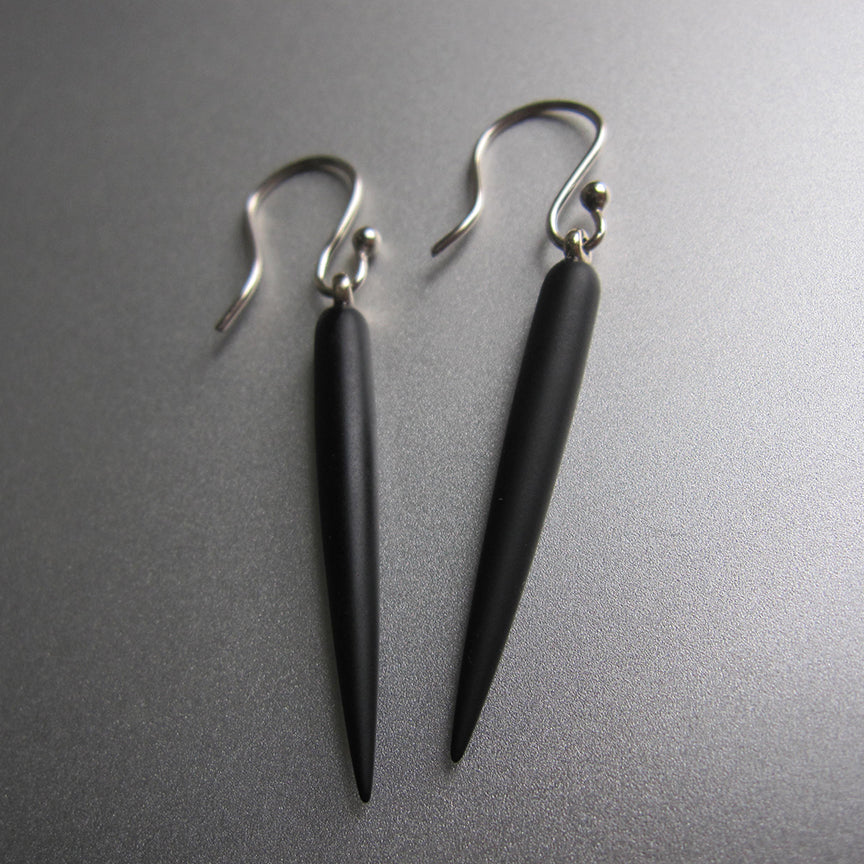 frosted black onyx spikes solid 14k white gold earrings