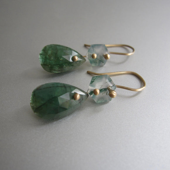 Moss Agate and Emerald Double Drops, Solid 14k Gold Earrings