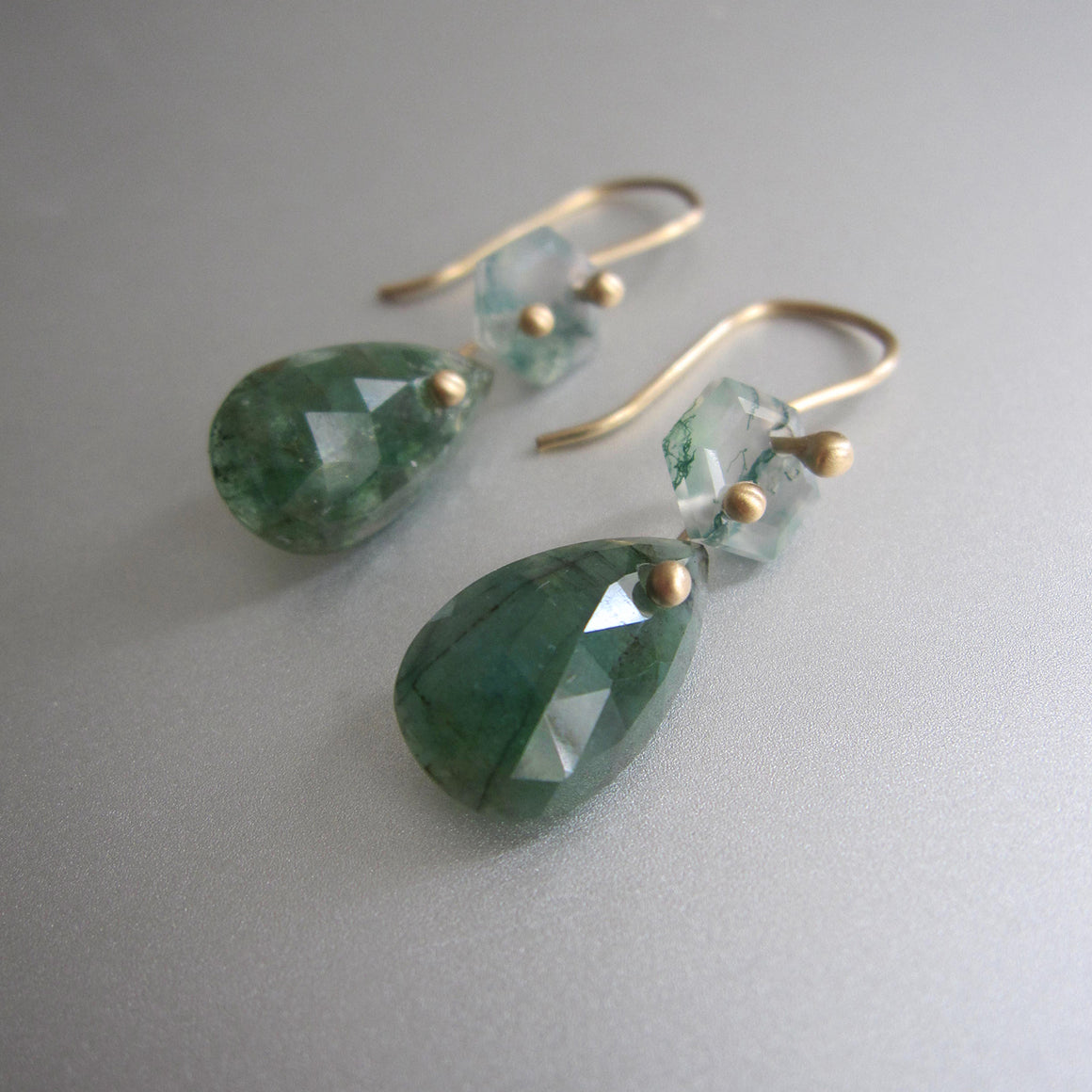 Moss Agate and Emerald Double Drops, Solid 14k Gold Earrings