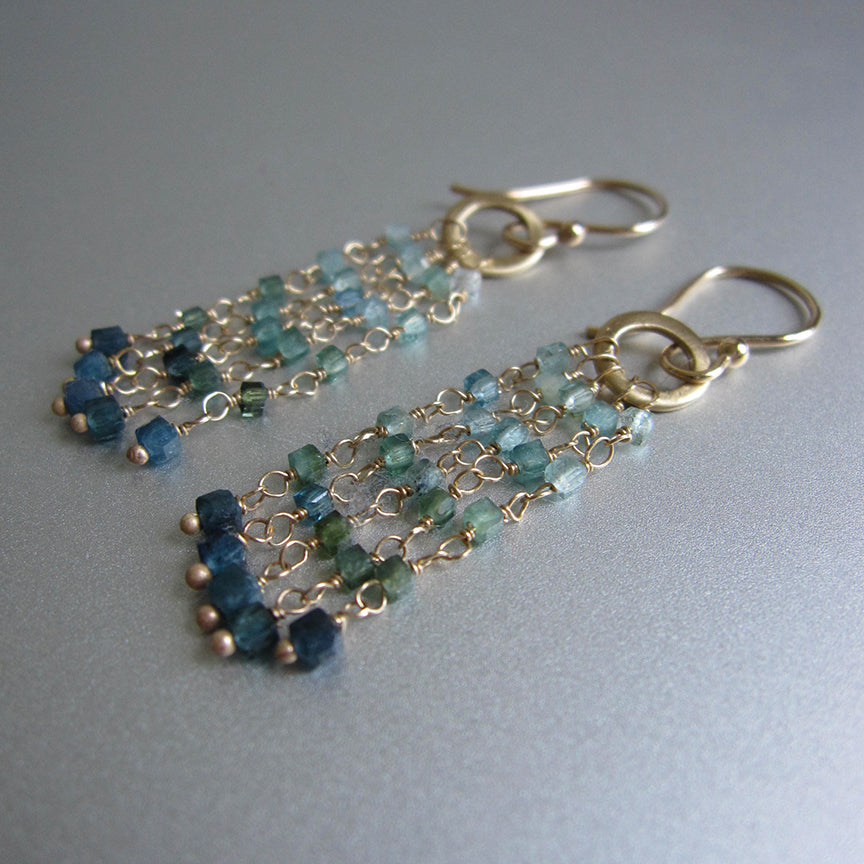 ombre green tourmaline long fringe solid 14k gold earrings