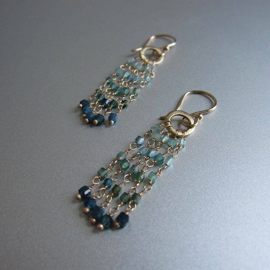 ombre green tourmaline long fringe solid 14k gold earrings2