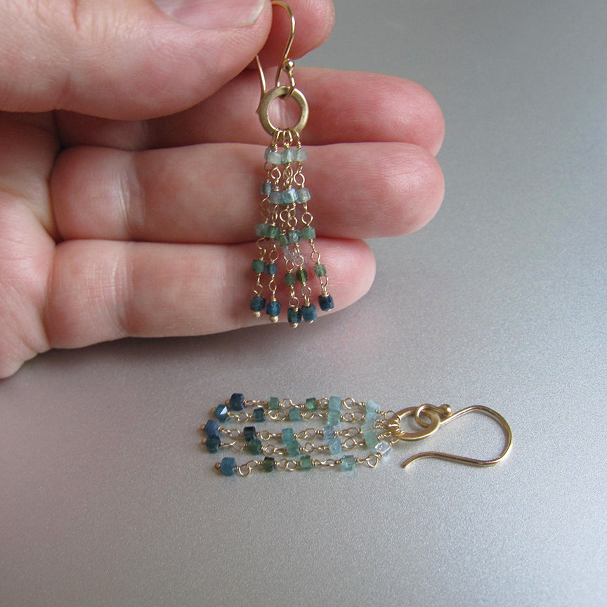 ombre green tourmaline long fringe solid 14k gold earrings6
