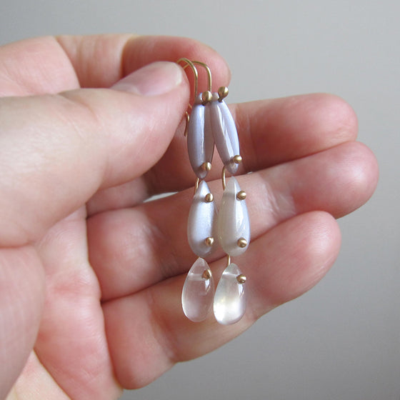triple drops of dark to light moonstones solid 14k gold earrings