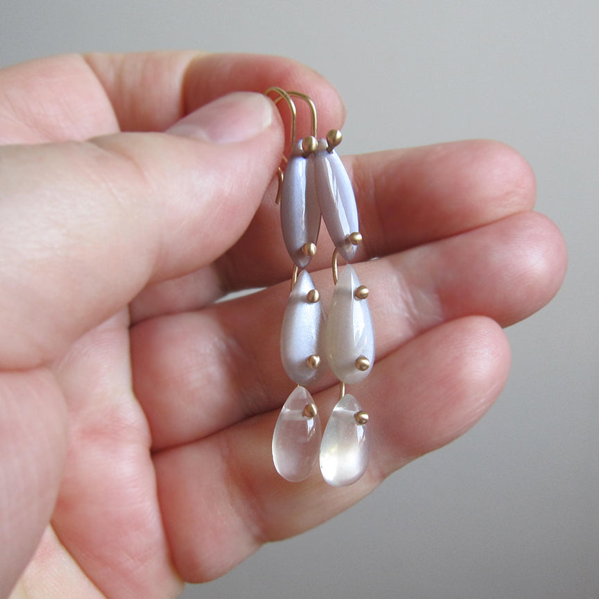 triple drops of dark to light moonstones solid 14k gold earrings