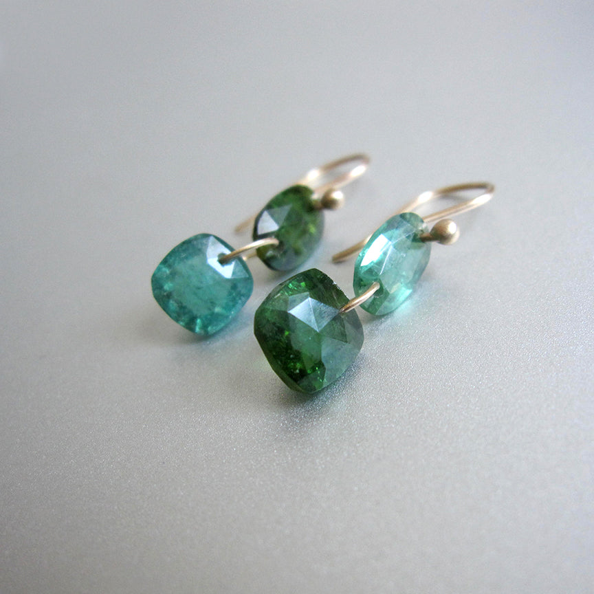 blue green mismatched rose cut tourmaline double drop solid 14k gold earrings3