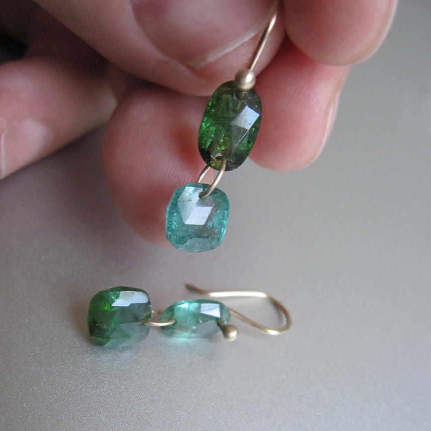 blue green mismatched rose cut tourmaline double drop solid 14k gold earrings6