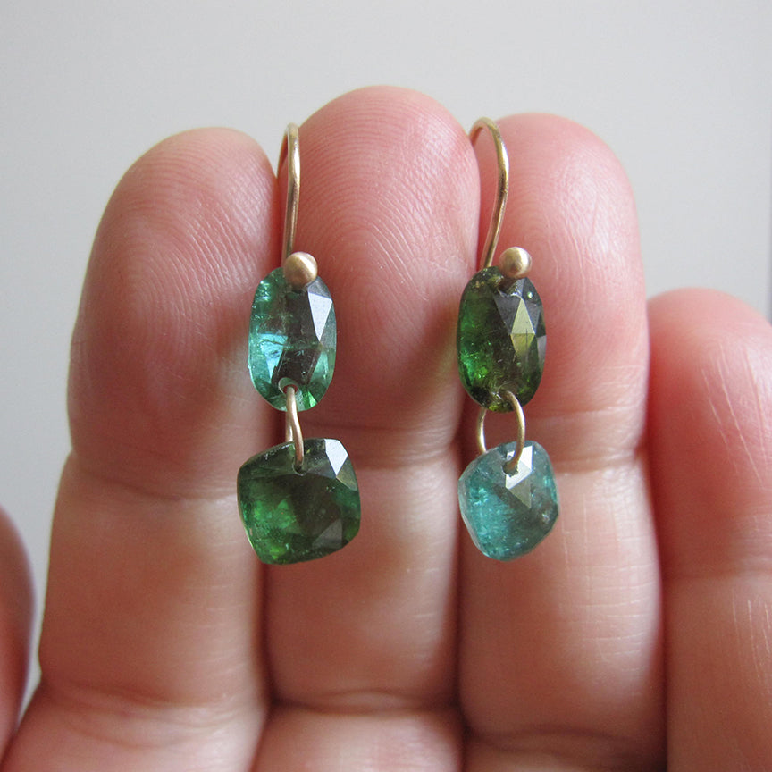 blue green mismatched rose cut tourmaline double drop solid 14k gold earrings