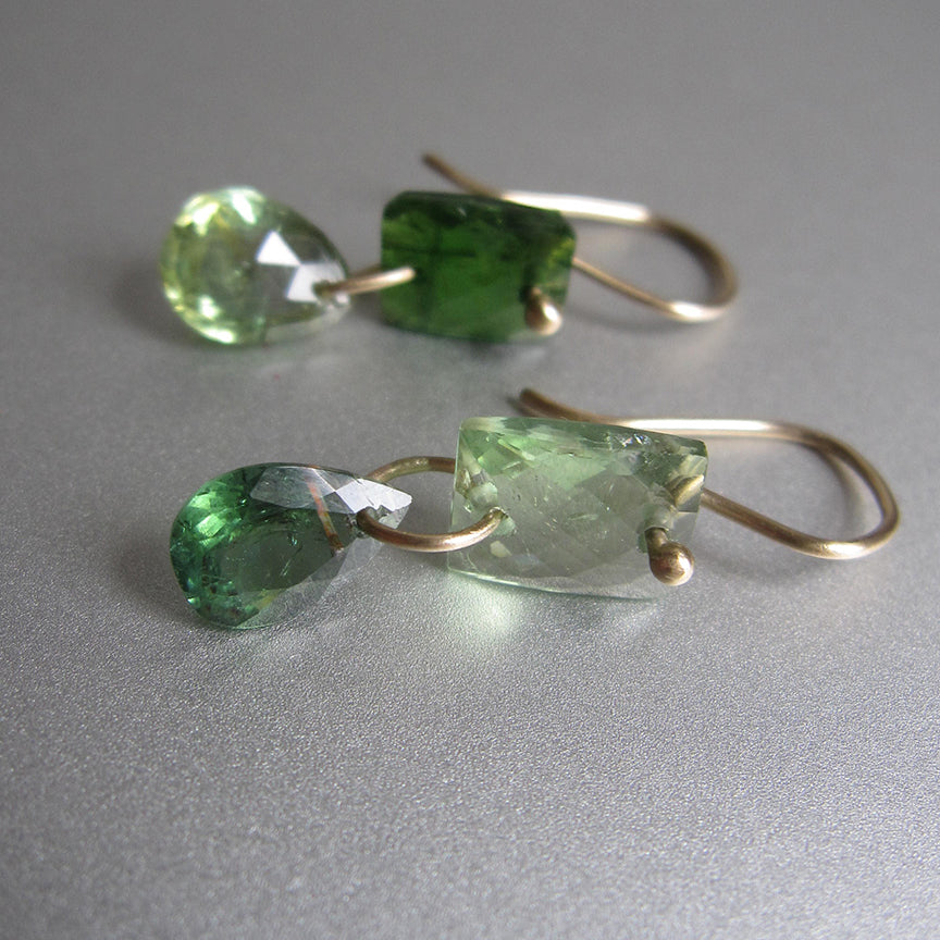 Light and chrome green tourmaline mismatched drops solid 14k gold earrings2