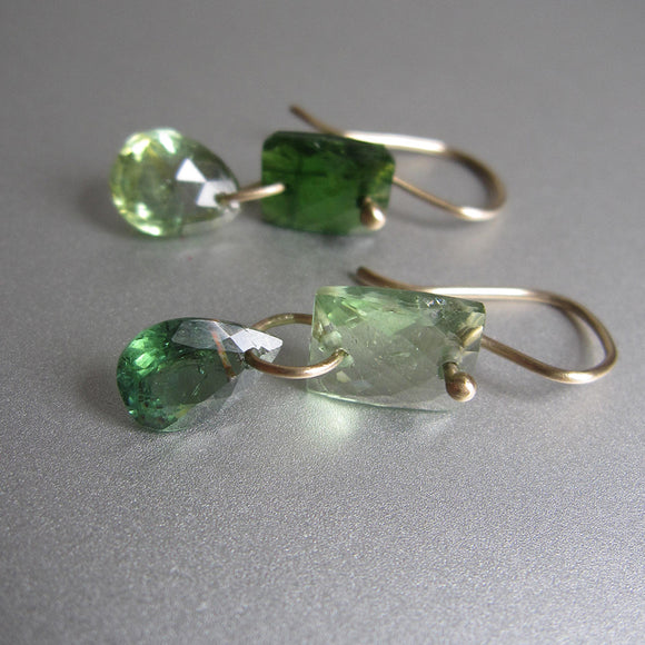 Light and chrome green tourmaline mismatched drops solid 14k gold earrings