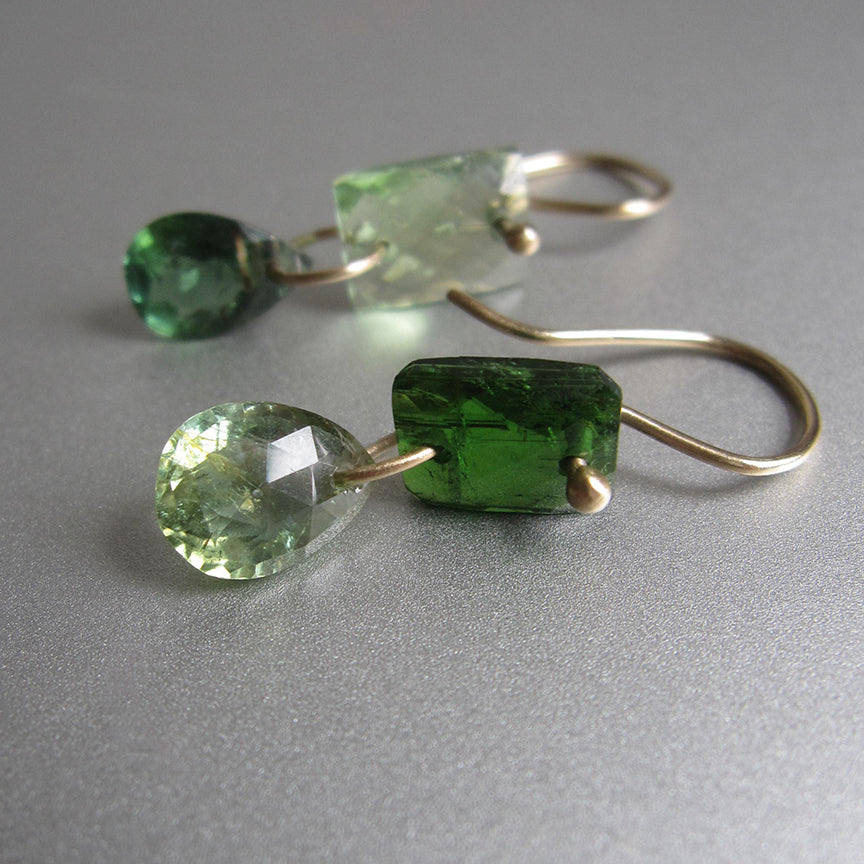 Light and chrome green tourmaline mismatched drops solid 14k gold earrings3