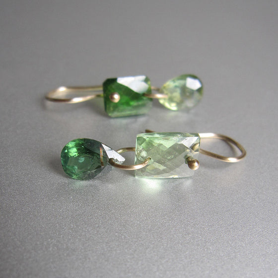 Light and chrome green tourmaline mismatched drops solid 14k gold earrings