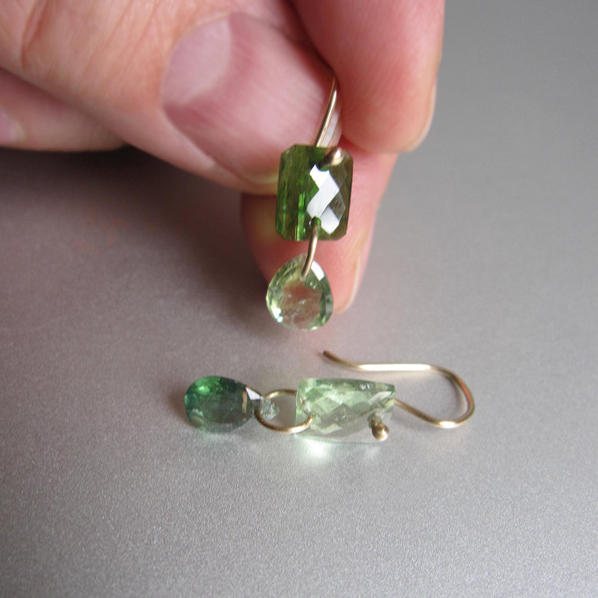 Light and chrome green tourmaline mismatched drops solid 14k gold earrings4