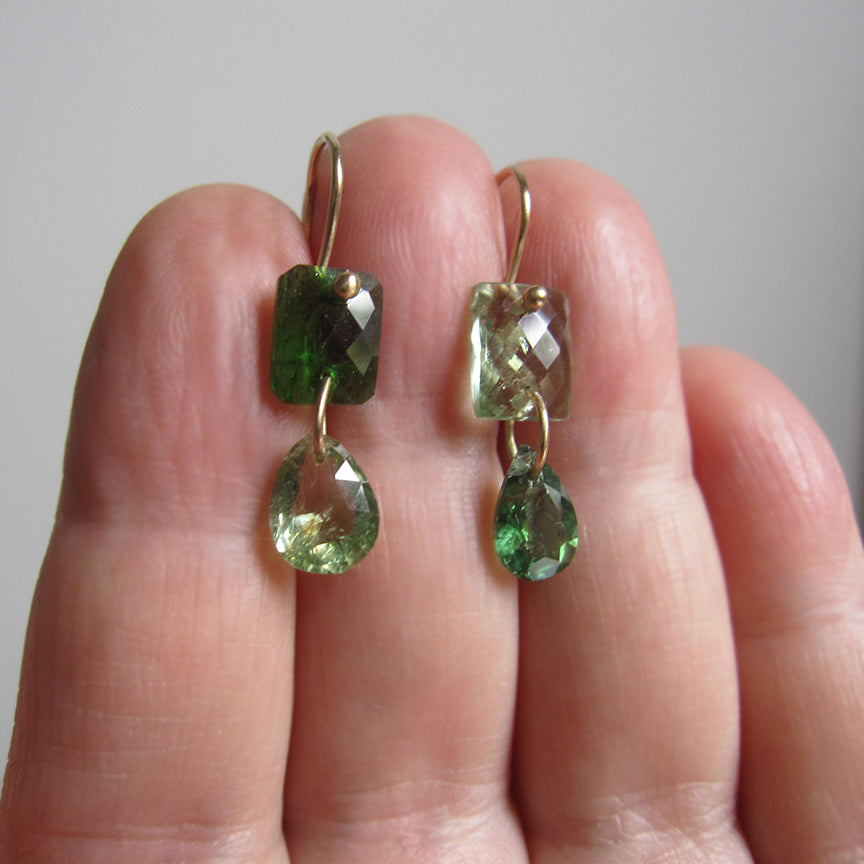 Light and chrome green tourmaline mismatched drops solid 14k gold earrings5