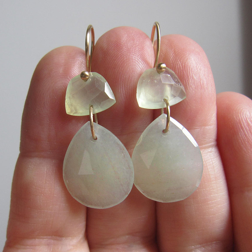 light green prehnite and aventurine double drops solid 14k gold earrings