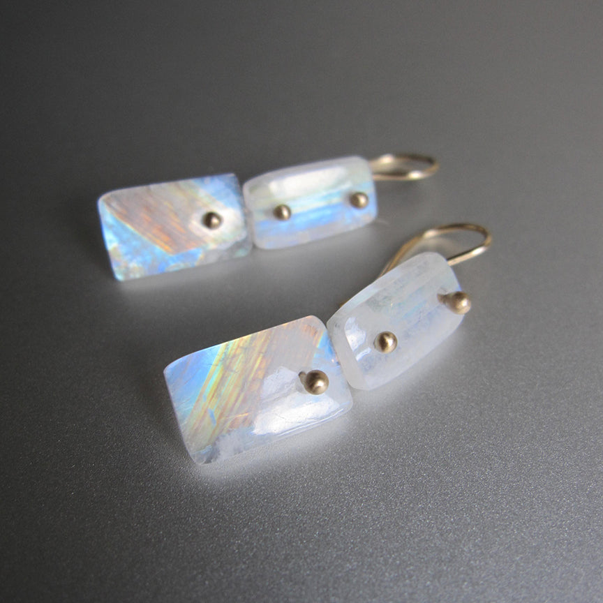 Rainbow Moonstone Double Rectangular Drops Solid 14k Gold Earrings3