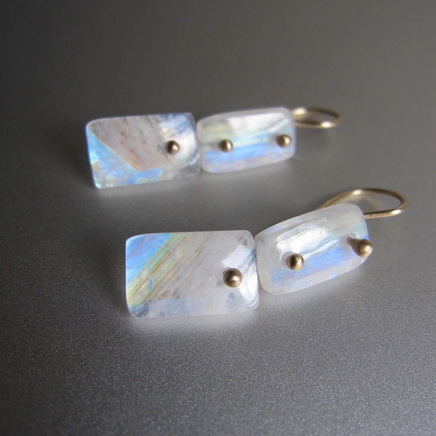 Rainbow Moonstone Double Rectangular Drops Solid 14k Gold Earrings4