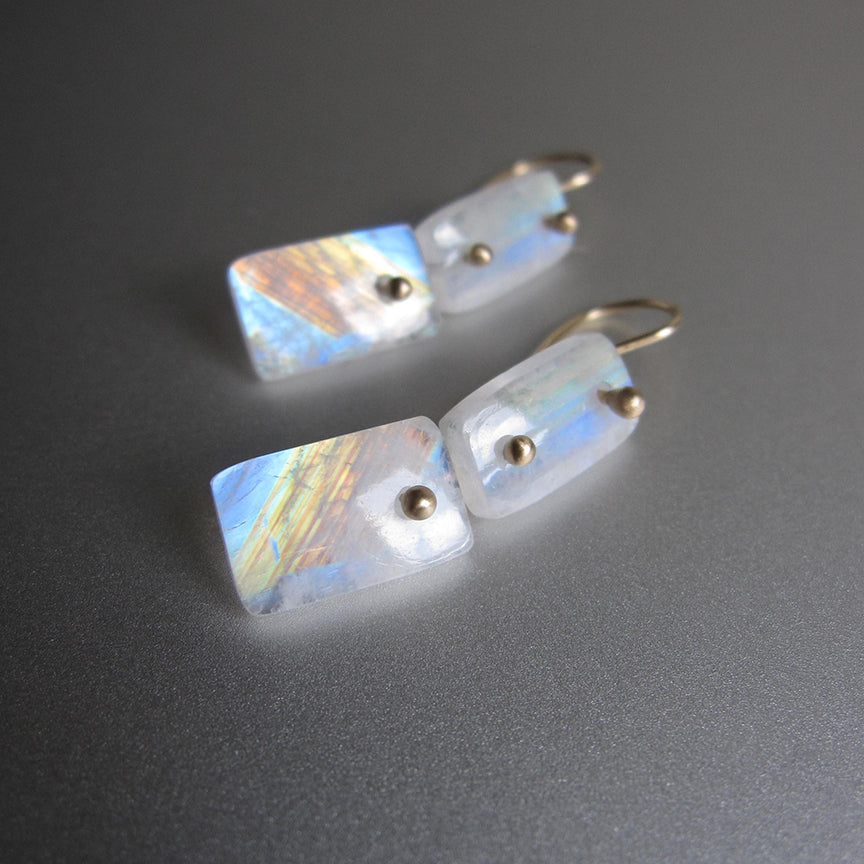 Rainbow Moonstone Double Rectangular Drops Solid 14k Gold Earrings5