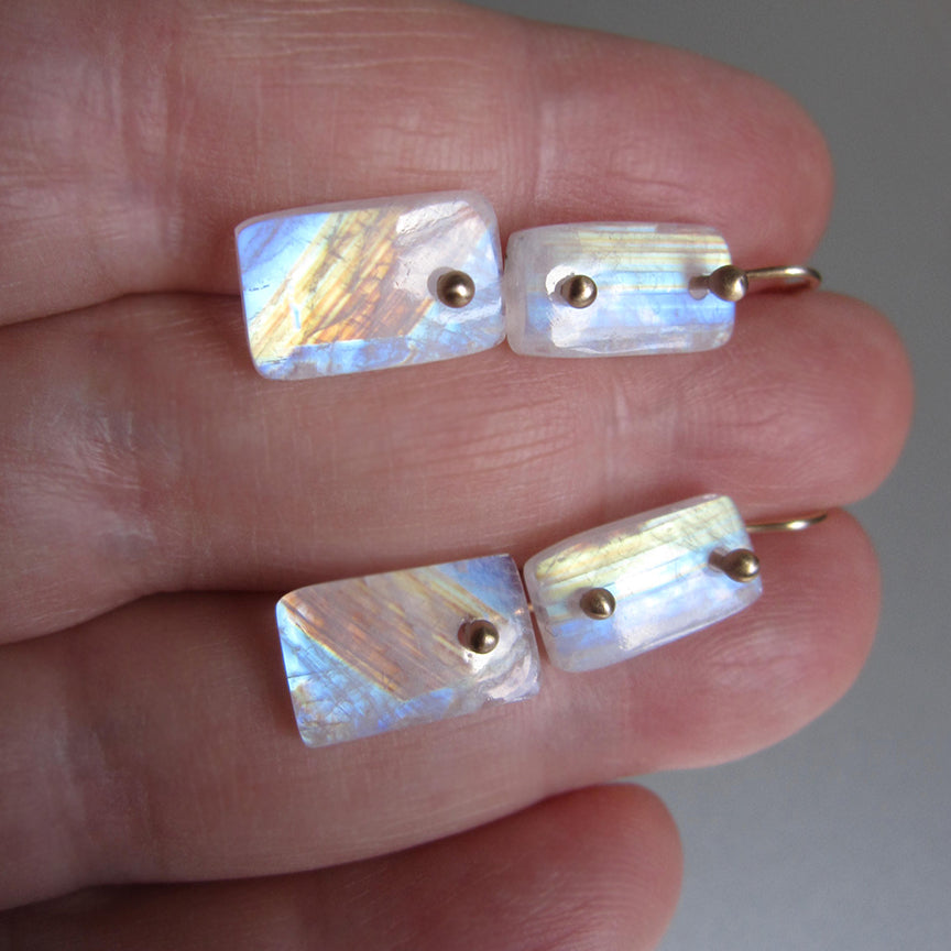Rainbow Moonstone Double Rectangular Drops Solid 14k Gold Earrings6