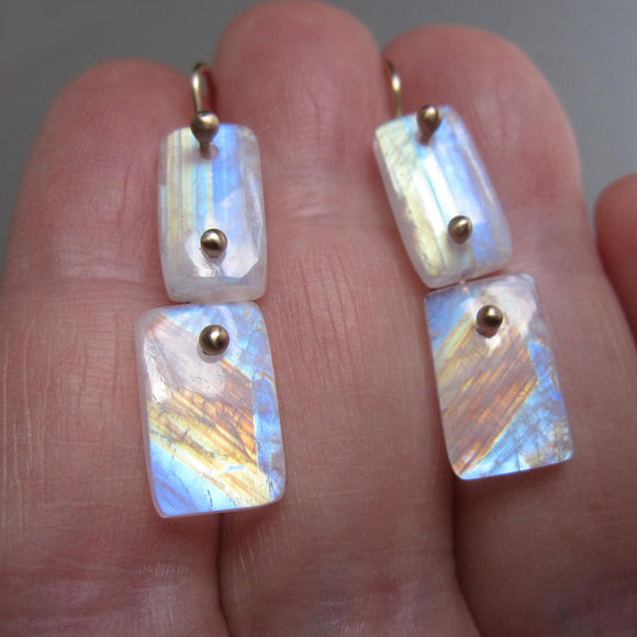 Rainbow Moonstone Double Rectangular Drops Solid 14k Gold Earrings