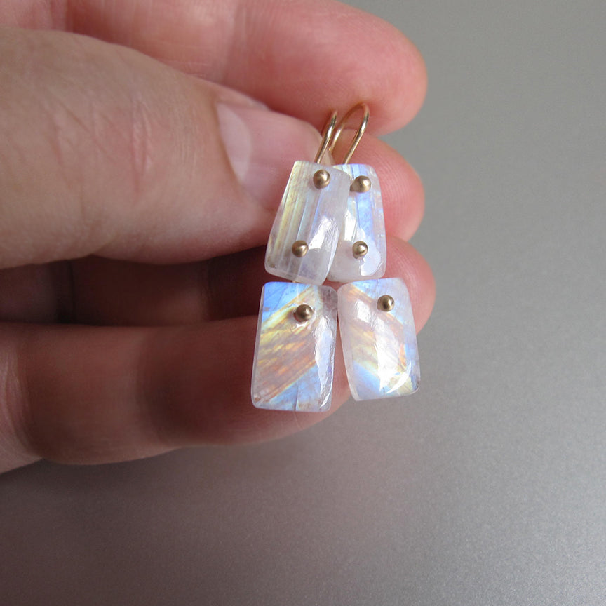 Rainbow Moonstone Double Rectangular Drops Solid 14k Gold Earrings