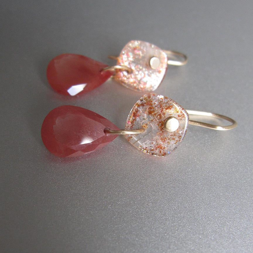 sunstone and andesine double drops solid 14k gold earrings