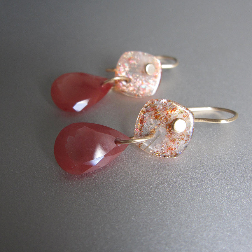 sunstone and andesine double drops solid 14k gold earrings