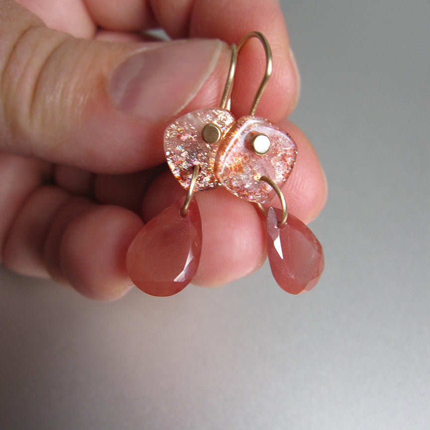sunstone and andesine double drops solid 14k gold earrings2
