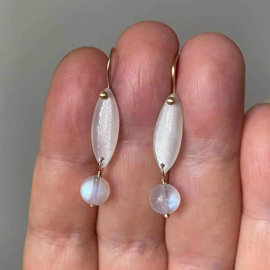 White and Blue Moonstone Double Drops, Solid 14k Gold Earrings