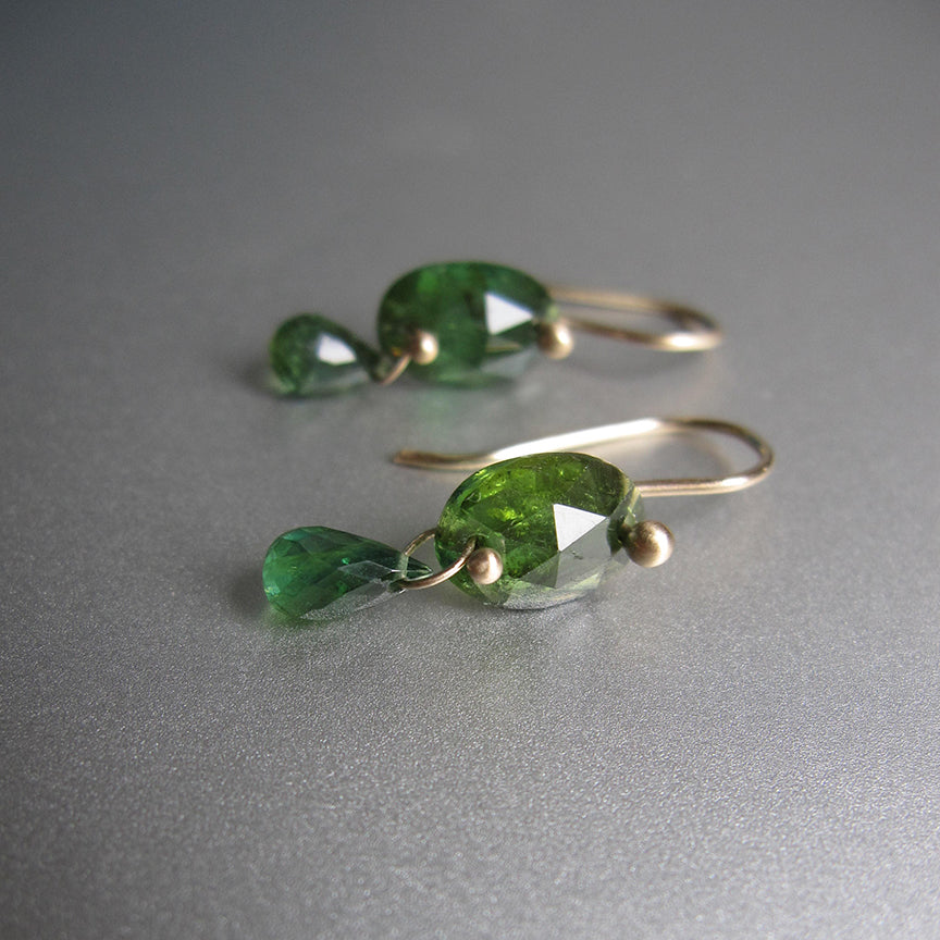 Chrome and Indicolite Green Tourmaline Double Drops Solid 14k Gold Drop Earrings