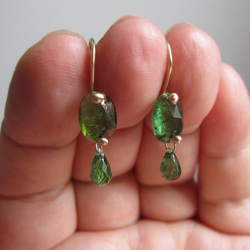Chrome and Indicolite Green Tourmaline Double Drops Solid 14k Gold Drop Earrings2