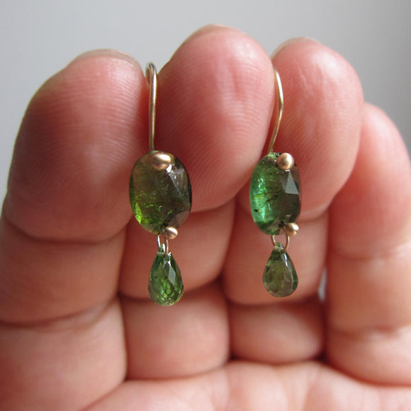 Chrome and Indicolite Green Tourmaline Double Drops Solid 14k Gold Drop Earrings