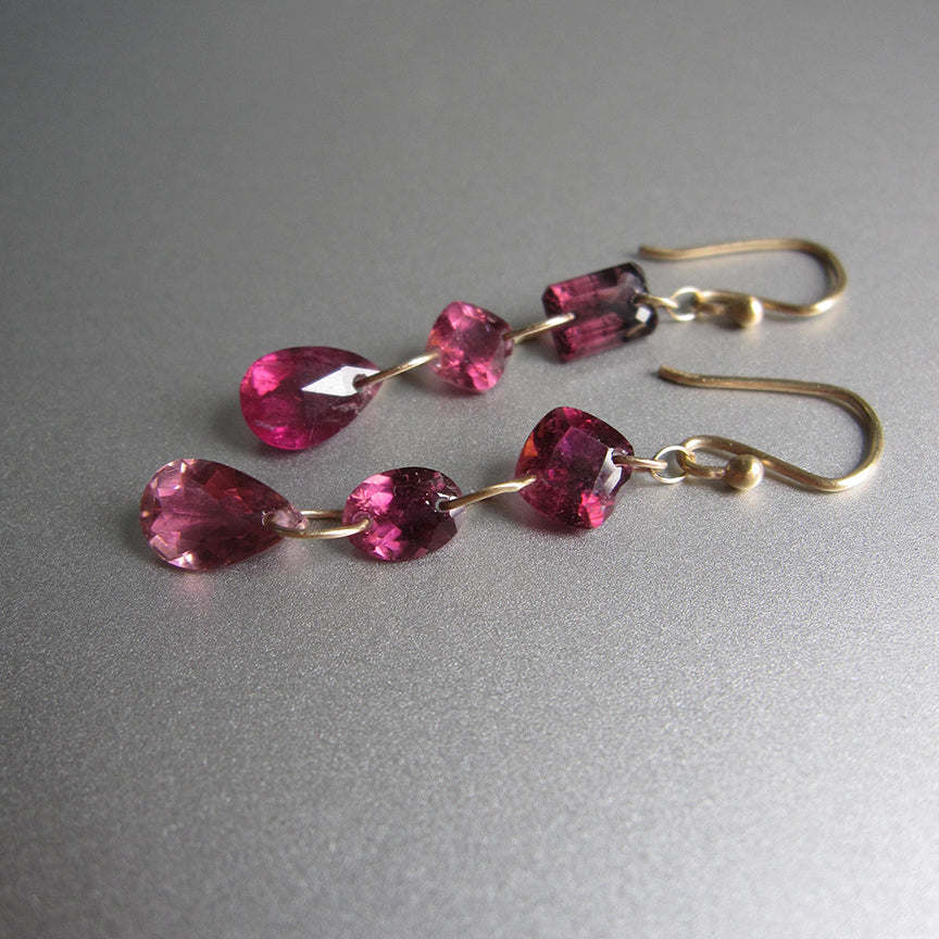 Rubellite Tourmaline, Triple Mismatched Drops, Solid 14k Gold Drop Earrings
