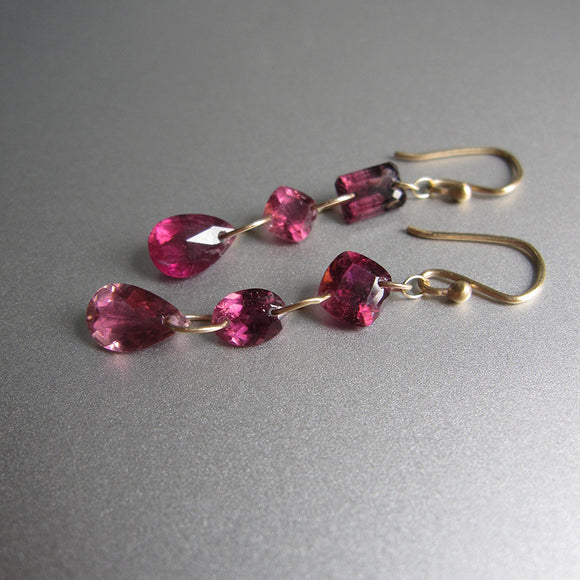Rubellite Tourmaline, Triple Mismatched Drops, Solid 14k Gold Drop Earrings