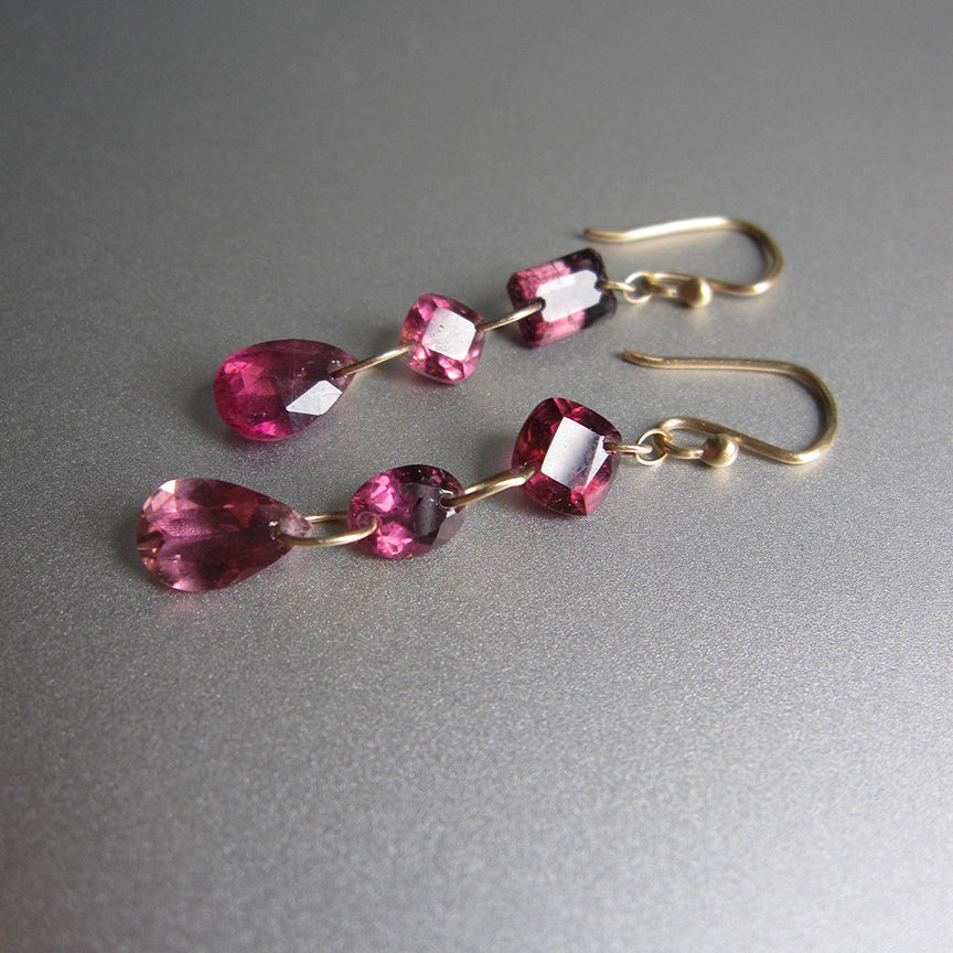 Rubellite Tourmaline, Triple Mismatched Drops, Solid 14k Gold Drop Earrings