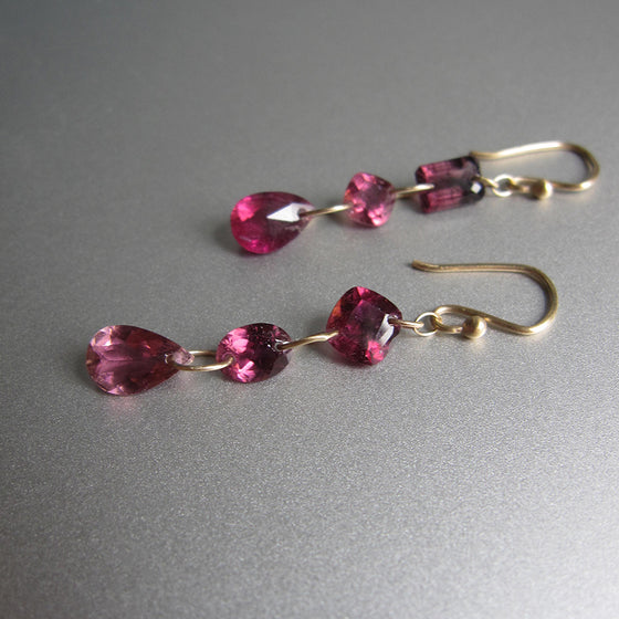 Rubellite Tourmaline, Triple Mismatched Drops, Solid 14k Gold Drop Earrings
