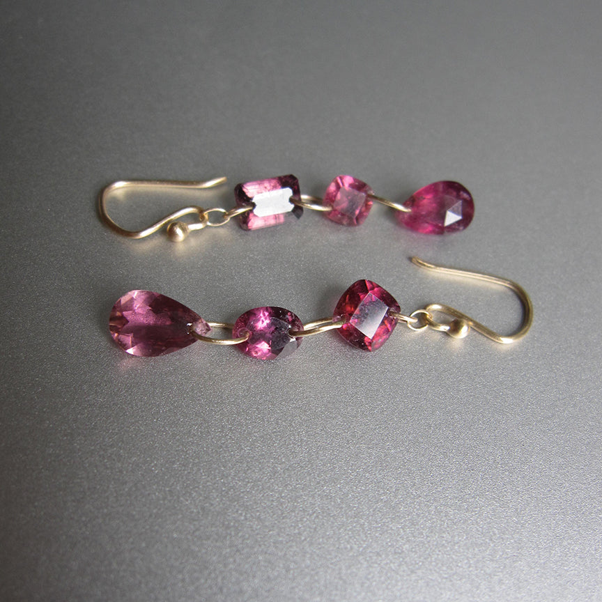 Rubellite Tourmaline, Triple Mismatched Drops, Solid 14k Gold Drop Earrings