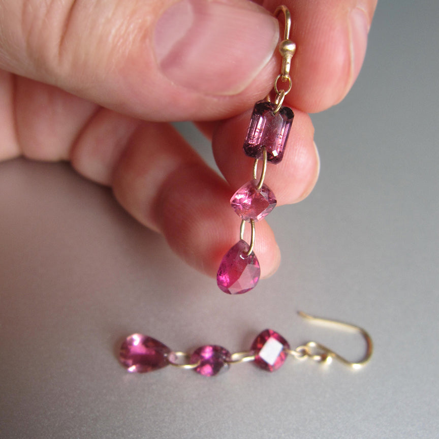Rubellite Tourmaline, Triple Mismatched Drops, Solid 14k Gold Drop Earrings