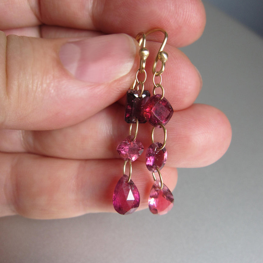 Rubellite Tourmaline, Triple Mismatched Drops, Solid 14k Gold Drop Earrings