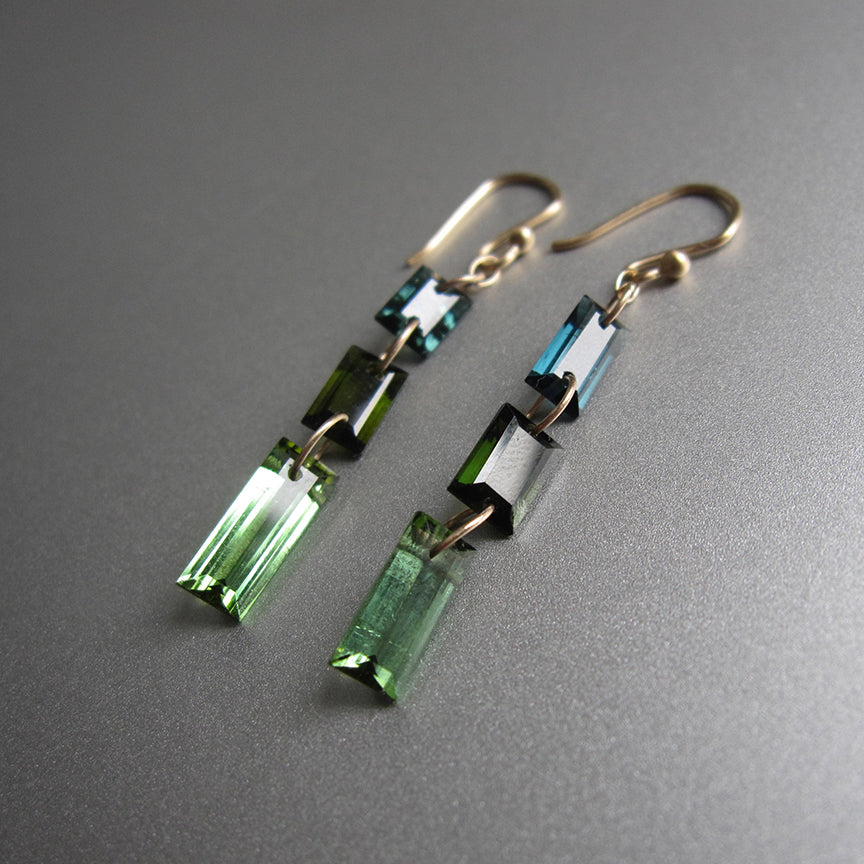 blue green tourmaline triple baguette mismatched solid 14k gold earrings