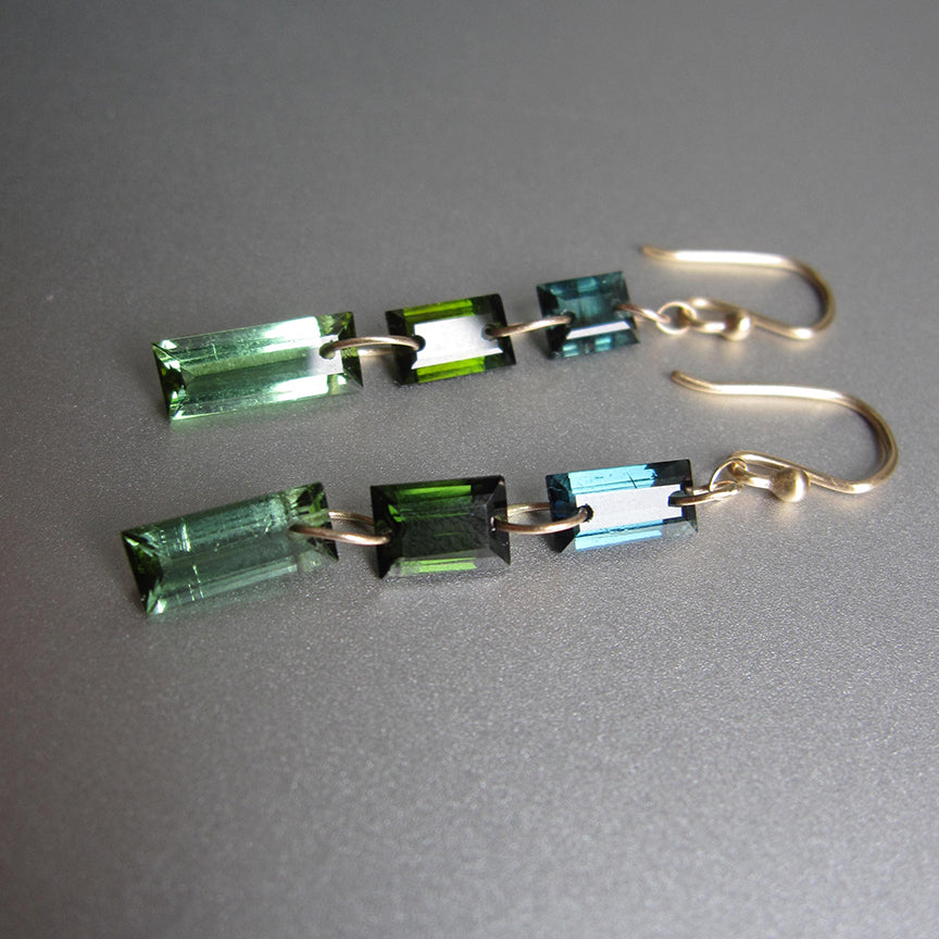 blue green tourmaline triple baguette mismatched solid 14k gold earrings3