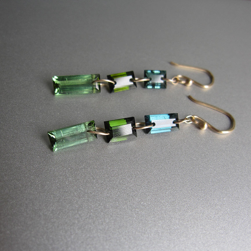 blue green tourmaline triple baguette mismatched solid 14k gold earrings5