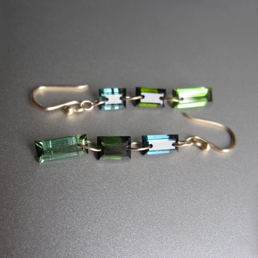 blue green tourmaline triple baguette mismatched solid 14k gold earrings6