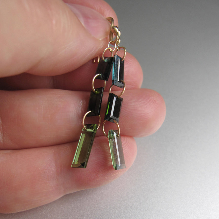 blue green tourmaline triple baguette mismatched solid 14k gold earrings7
