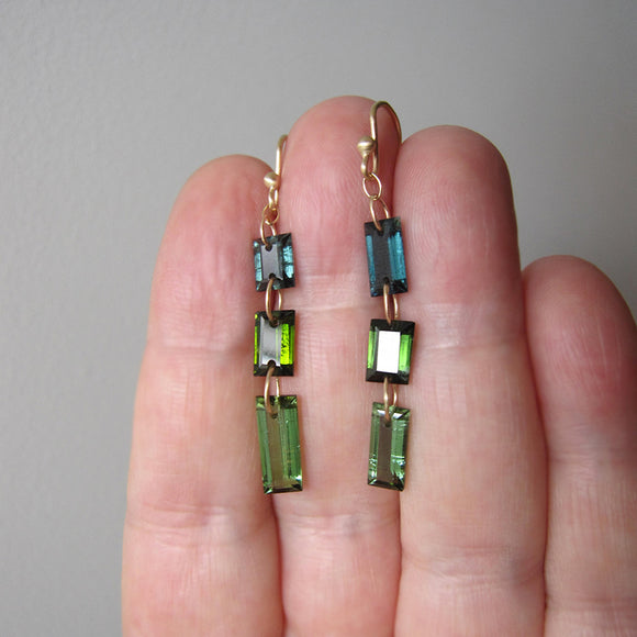 blue green tourmaline triple baguette mismatched solid 14k gold earrings